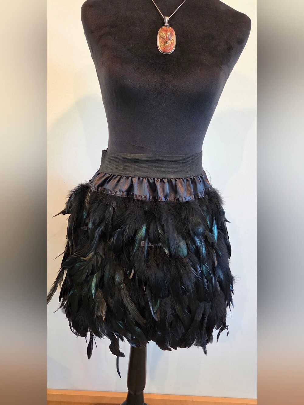 Black Feather Mini Skirt with Elastic Waist